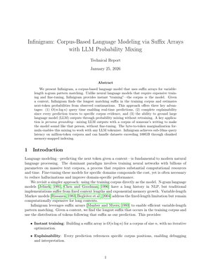 Infinigram: Corpus-Based Language Modeling via Suffix Arrays with LLM Probability Mixing