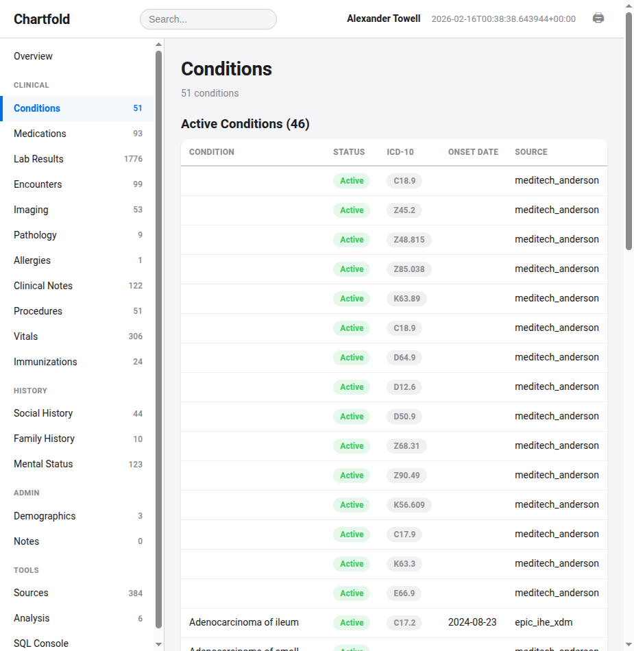 Conditions table showing 51 conditions with status, ICD-10 codes, onset dates, and source system