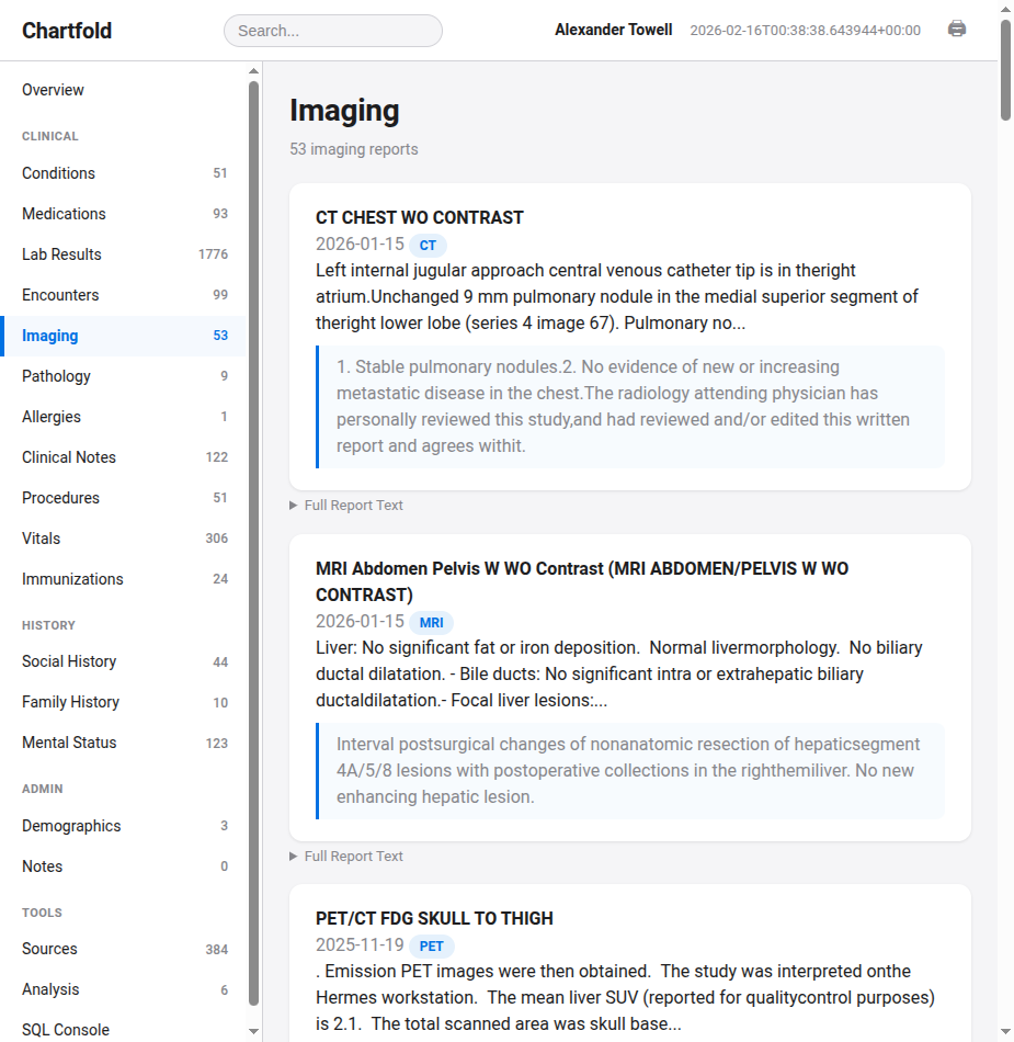 Imaging section showing CT and MRI reports with narrative findings